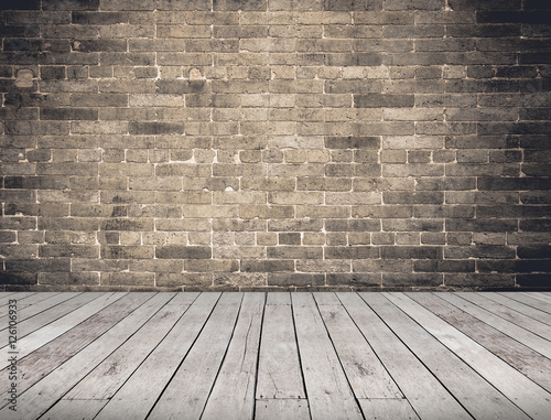 Empty Room perspective,grunge brick wall and wood plank floor, M