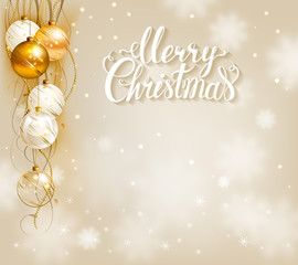 Wall Mural - elegant holiday background with gold and white evening balls. Merry Christmas lettering.