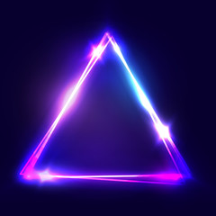 Wall Mural - neon sign. triangle background. glowing electric abstract frame on dark backdrop. light banner with 