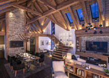 3D Rendering Of Evening Living Room Of Chalet