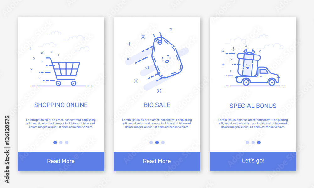 Vector Illustration of onboarding app screens and flat line web icons ...