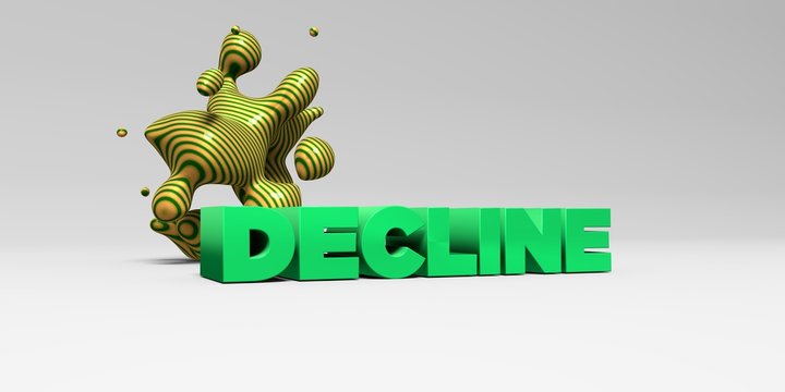 DECLINE -  color type on white studiobackground with design element - 3D rendered royalty free stock picture. This image can be used for an online website banner ad or a print postcard.