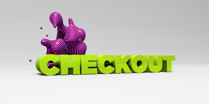 CHECKOUT -  color type on white studiobackground with design element - 3D rendered royalty free stock picture. This image can be used for an online website banner ad or a print postcard.