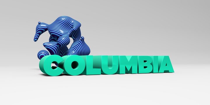COLUMBIA -  color type on white studiobackground with design element - 3D rendered royalty free stock picture. This image can be used for an online website banner ad or a print postcard.