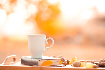 White cup of tea staying on book with nuts and yellow leaves on wooden tray outdoors.