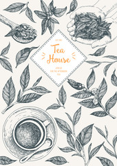 Wall Mural - Tea Shop vector illustration. Vector card design with tea. Tea house poster. Vector hand drawn set. Linear graphic