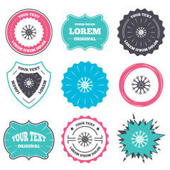 Sticker - Label and badge templates. Snowflake artistic sign icon. Christmas and New year winter symbol. Air conditioning symbol. Retro style banners, emblems. Vector