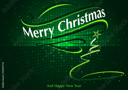 Green Merry Christmas Greeting with Abstract Christmas Tree and Sparkling Mos...