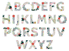 Vector Set Of Beautiful Christmas Or Winter Holidays Floral Alphabet