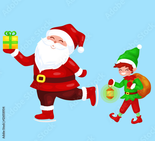 Merry Christmas Funny Santa Claus With Gift On Skates Elf With Bag Full Of Merry Christmas Funny Santa Claus With Gift On Skates Elf With Bag Full Of