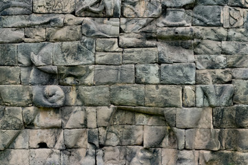 Mortarless bas relief stone wall carving, Elephant Terrace, Angkor Thom, Siem Reap, Cambodia