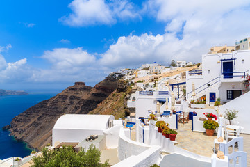 View of Firostefani village with typical Greek white architecture, Santorini island, Greece