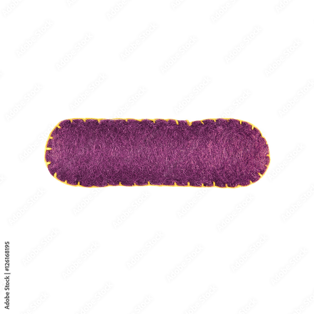 Dash sign isolate on white. Handmade minus (dash) sign from felt. Arithmetic symbol. Collection of colorful handmade English alphabet isolate on white background