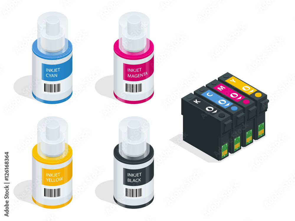 Isometric CMYK set of cartridges for ink jet printer and color chart ...