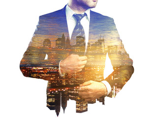 Wall Mural - Businessman on city background