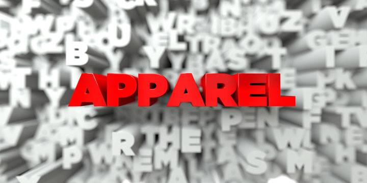 APPAREL -  Red text on typography background - 3D rendered royalty free stock image. This image can be used for an online website banner ad or a print postcard.