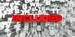 INCLUDED -  Red text on typography background - 3D rendered royalty free stock image. This image can be used for an online website banner ad or a print postcard.