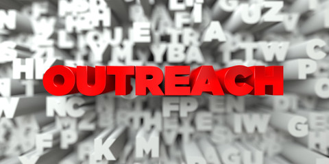 Poster - OUTREACH -  Red text on typography background - 3D rendered royalty free stock image. This image can be used for an online website banner ad or a print postcard.
