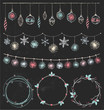 Christmas Wreaths and Party Lights Vintage Chalk Drawing Vector Set