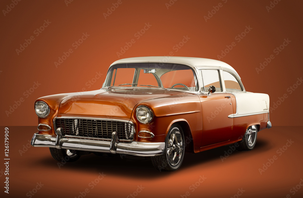 Vintage 1955 Chevrolet Bel Air - Orange Background - obrazy, fototapety, plakaty 