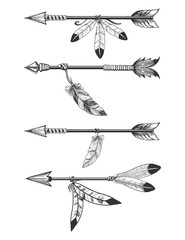 Wall Mural - hand drawn arrows with feathers and beads. boho arrows isolated om white vector illustration