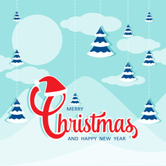 Poster - Merry Christmas and Happy New Year vector design with Christmas trees and nice sky.