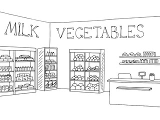 Grocery store shop interior black white graphic sketch illustration vector