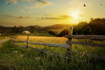 art countryside landscape; rural farm and farmland field
