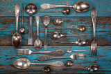Fototapeta Na sufit - German silver spoon and fork. Kitchen utensils.