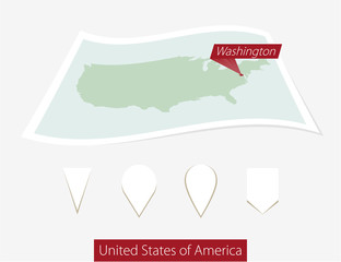 Wall Mural - Curved paper map of USA with capital Washington on Gray Background. Four different Map pin set. Vector Illustration.