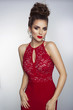 party photo of elegance sexy lady in red dress with red lips and brunette beautiful hair style.