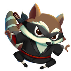 Wall Mural - Ninja KungFu Raccoon isolated on White Background. Video Game's Digital CG Artwork, Concept Illustration, Realistic Cartoon Style Background and Character Design
