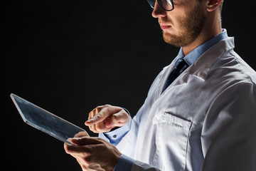 Wall Mural - close up of doctor or scientist with tablet pc