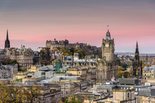Pink Sunrise Over The City Of Edinburgh - Popular Cityscape Of The Historical Town Center With The View Towards Edinburgh Castle