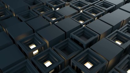 Poster - Abstract 3d rendering of several cubes. Background made of repetitive square blocks. Loopable detailed sequence.