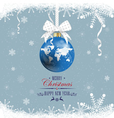 Sticker - Happy New Year and Merry Christmas. World map. New Year's ball on a white ribbon with a bow on a snowy background. World map.