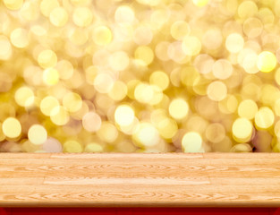 Wall Mural - empty beige wood table top with abstract background gold bokeh l
