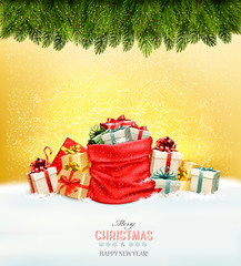 Aufkleber - Holiday Christmas background with a sack full of gift boxes and
