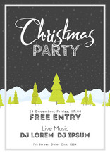 Christmas Festival And Party Template. Snow Tree Mountains Landscape Vertical Background. Template For Holidays, Concerts And Parties. Winter Theme