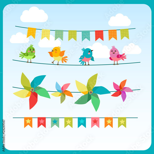 Bunting And Garland Set With Cute Birds And Color Pinwheel