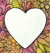 hand painted watercolor heart design, white heart outline with abstract doodle background on border, zentangle ink drawing with flowers feathers leaves and striped lines in adult coloring book style