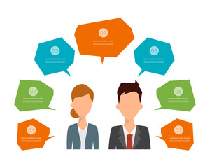 Wall Mural - Infographic of business man and business woman chat speech. Flat design vector.