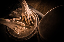 People Hands Playing Music At Djembe Drums