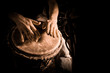 People hands playing music at djembe drums