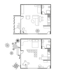 Wall Mural - Architecture plan with furniture in top view of 1-rooms apartment with balcony or terrace. Modern interiors. Set of different variants of studio-apartment