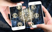 Two Businessman Hands Holding Smartphones. Fintech Concept , Peer-to-peer Concept With Map And World Connect , Hi-tech Building Abstract Background