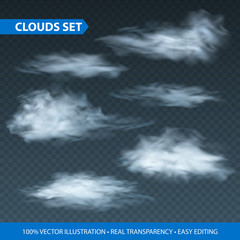 Wall Mural - transparent clouds realistic set on transparence background. vector illustration