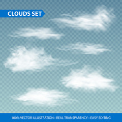 Wall Mural - transparent clouds realistic set on transparence background. vector illustration