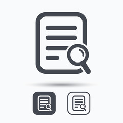 Fototapete - File search icon. Document page with magnifier tool symbol. Square buttons with flat web icon on white background. Vector