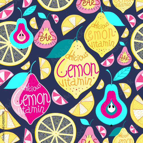 Naklejka - mata magnetyczna na lodówkę Seamless pattern lemons pears